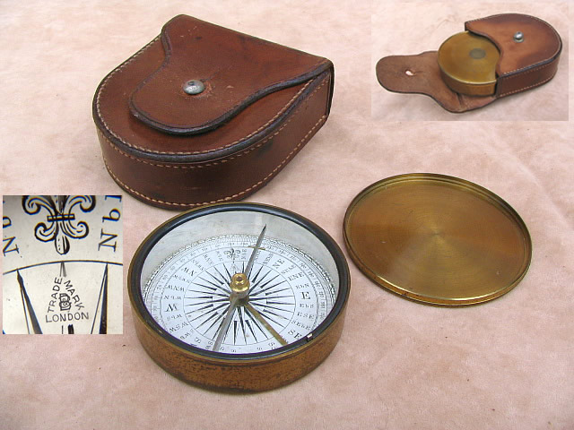 19th century explorers style  pocket compass by Francis Barker, with leather case